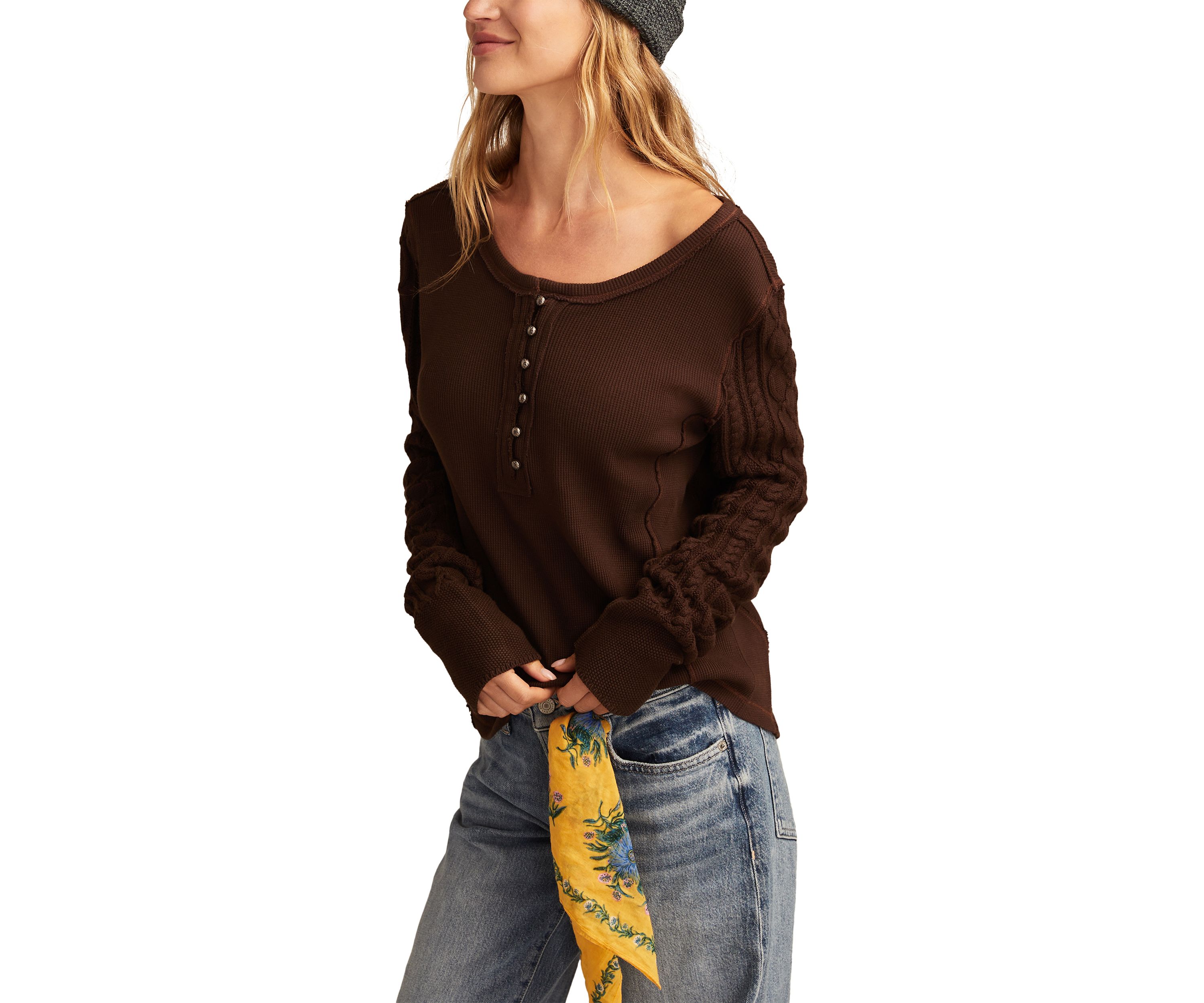Womens Textured Mixed Sleeve Henley Shirt 