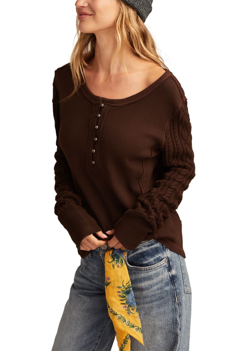 Womens Textured Mixed Sleeve Henley Shirt 