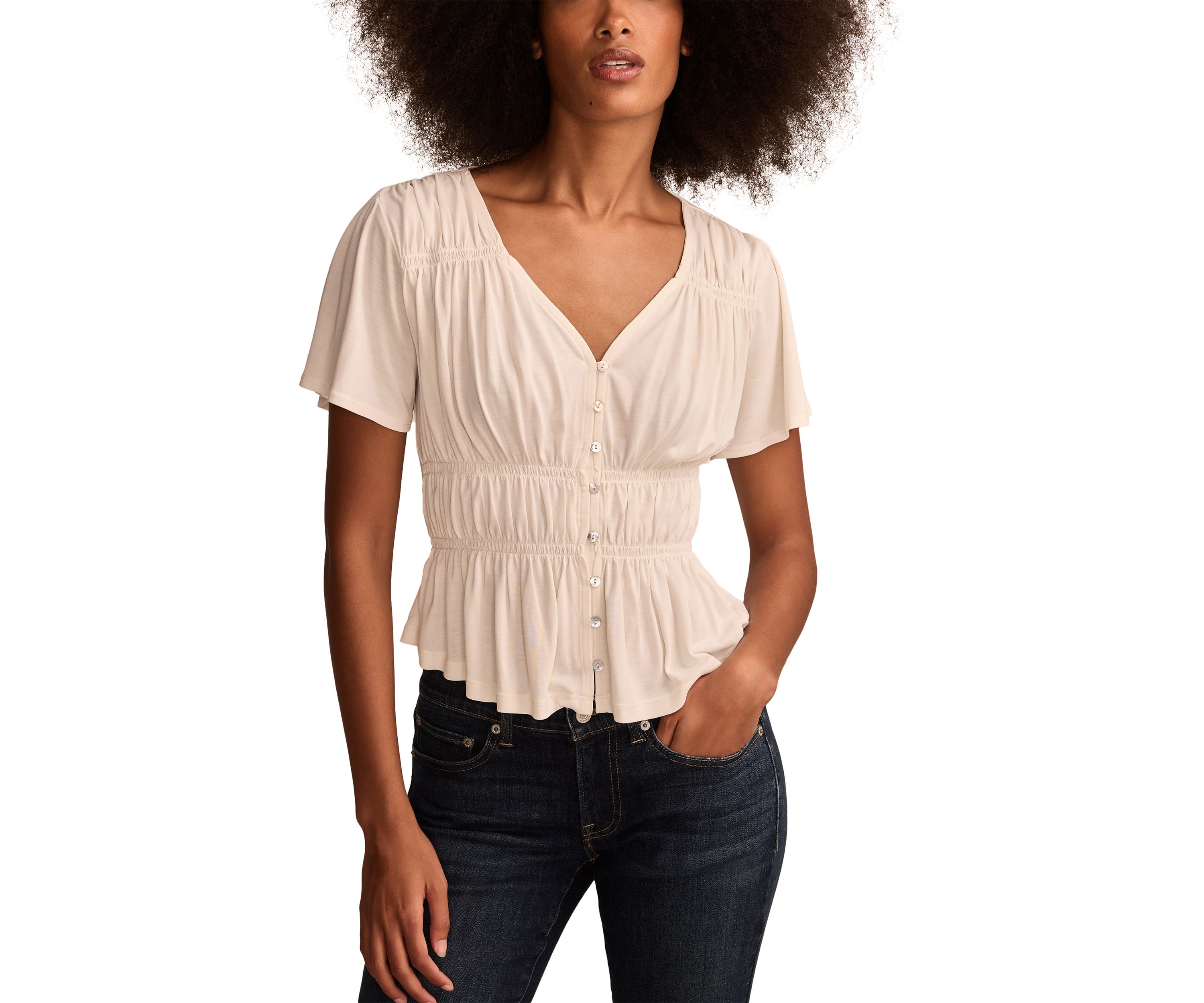 Sandwashed Shirred Button Front Top