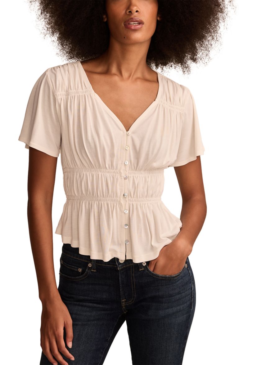 Sandwashed Shirred Button Front Top