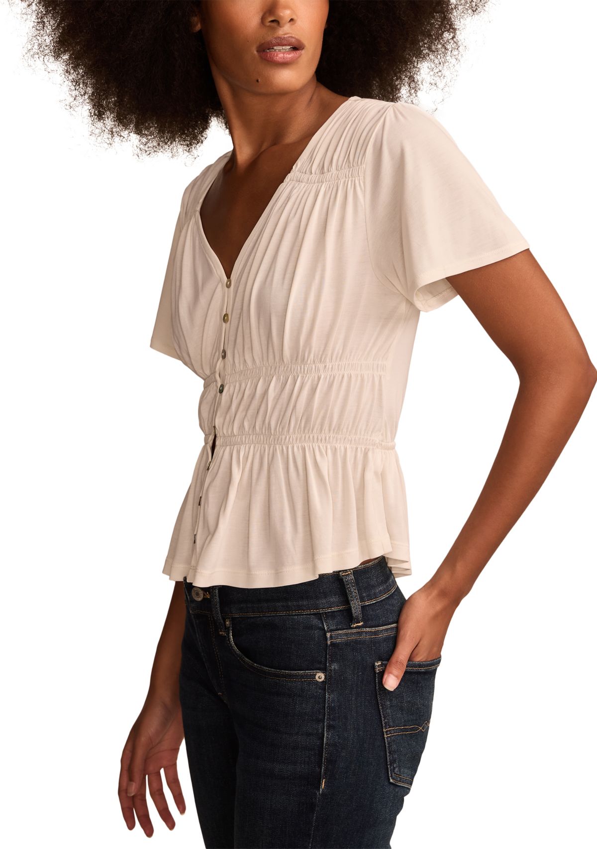 Sandwashed Shirred Button Front Top
