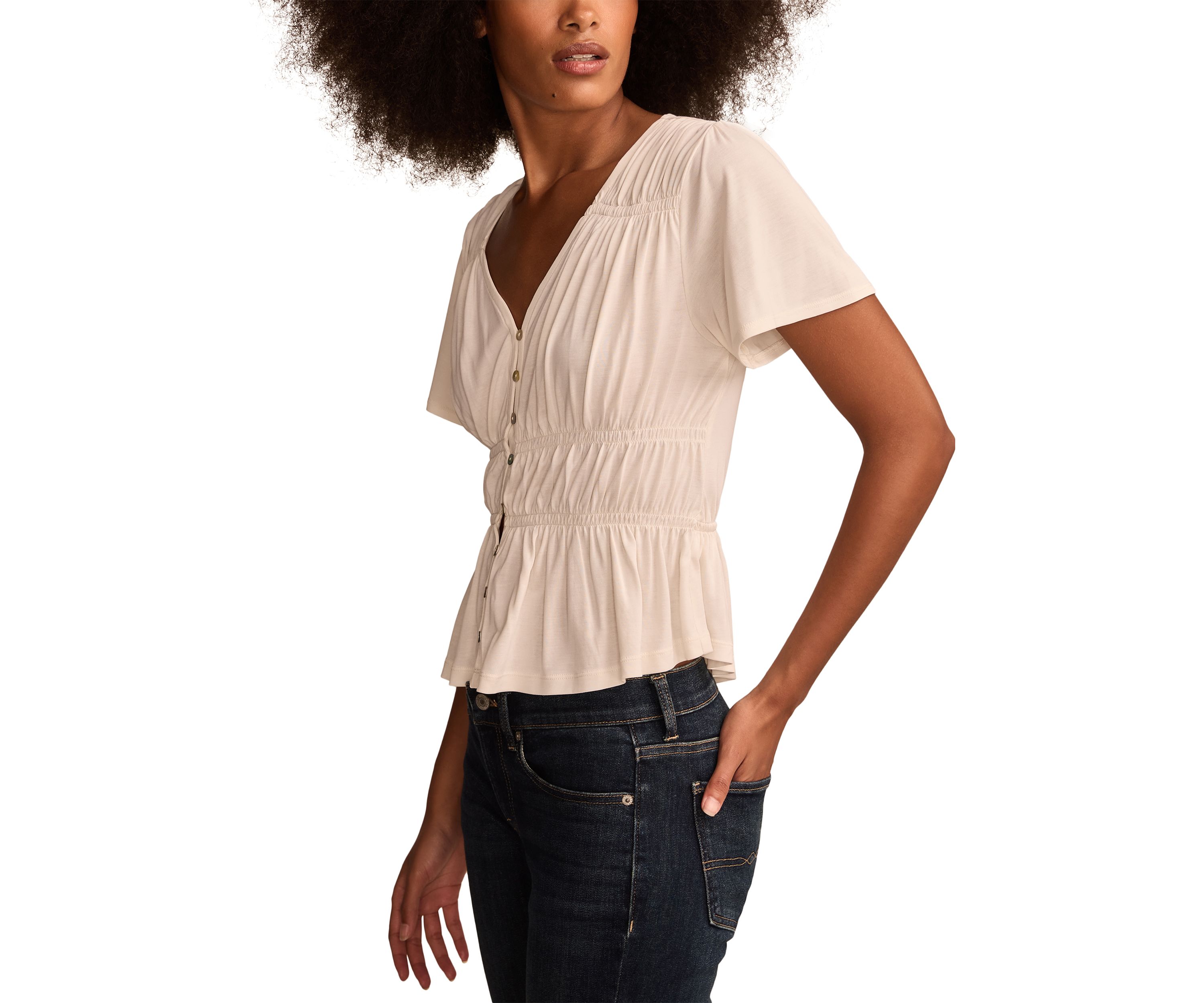 Sandwashed Shirred Button Front Top