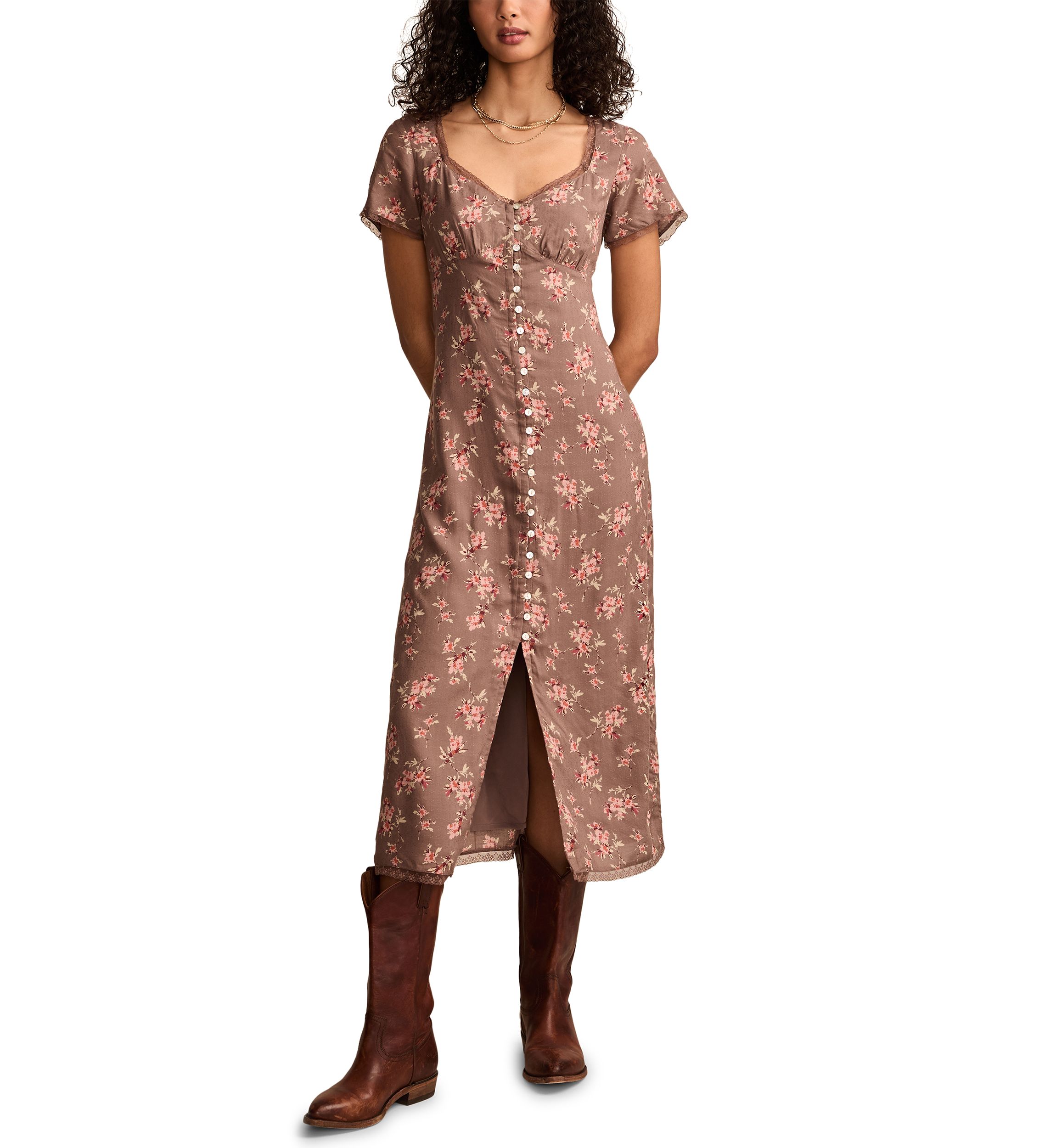 Womens Lace Trimmed Printed Midi Dress