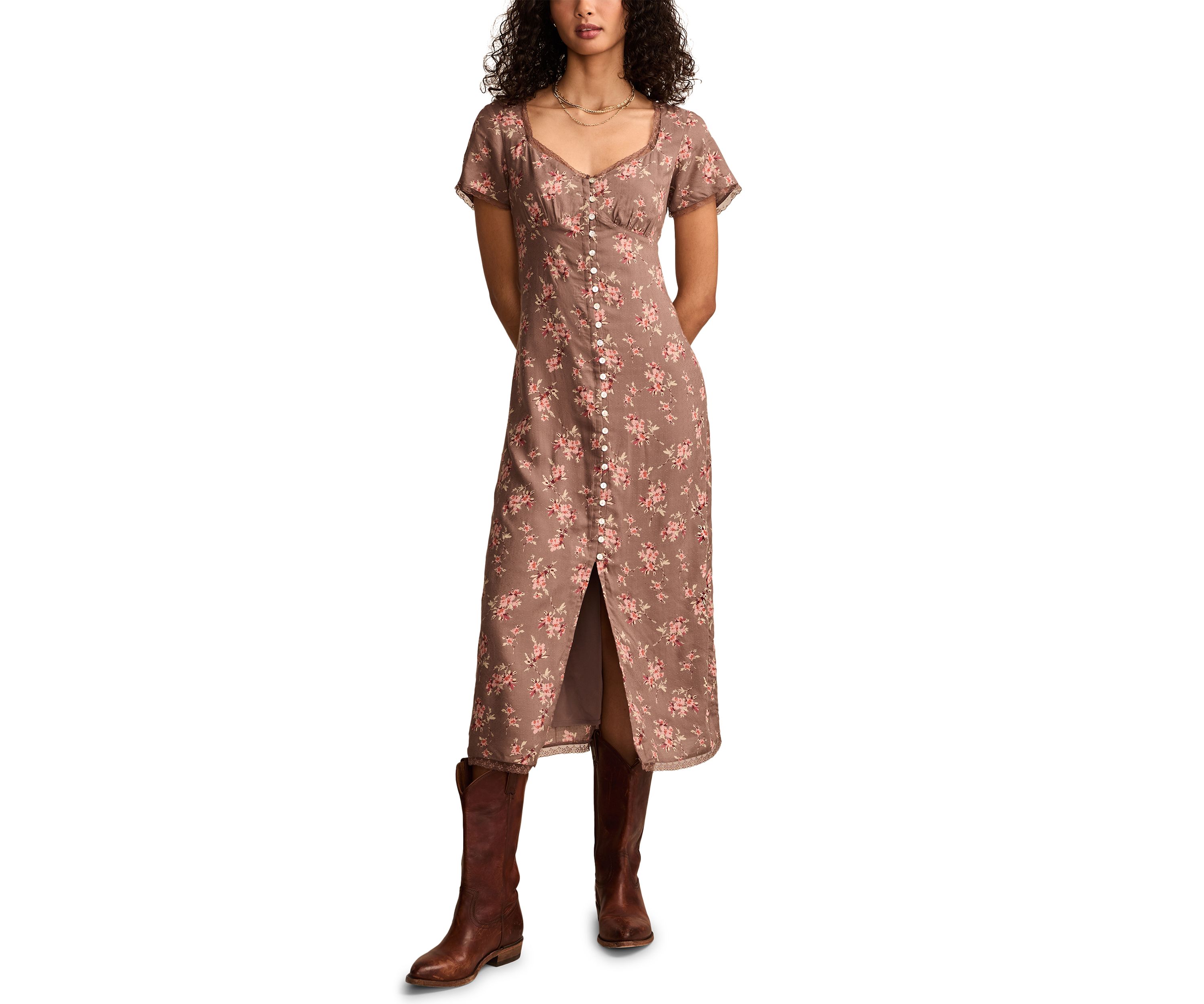 Womens Lace Trimmed Printed Midi Dress