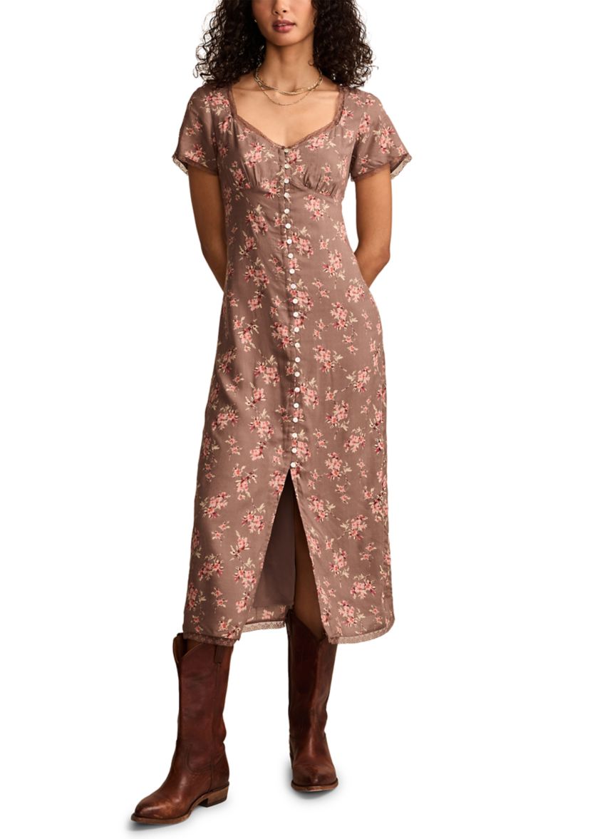 Womens Lace Trimmed Printed Midi Dress