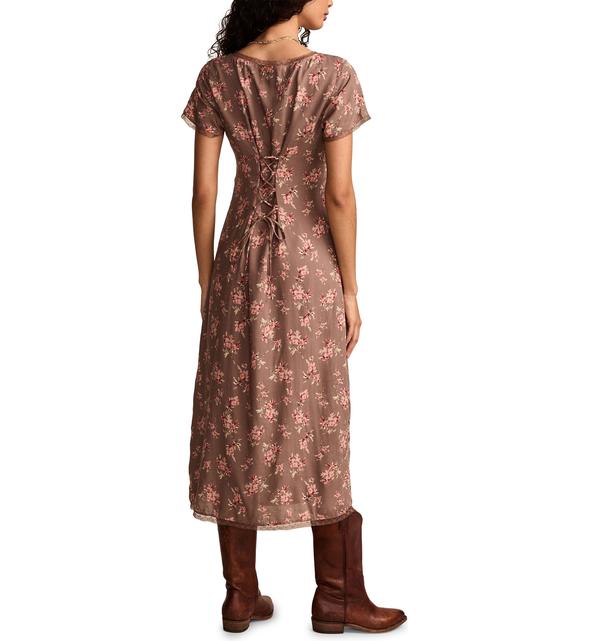 Womens Lace Trimmed Printed Midi Dress