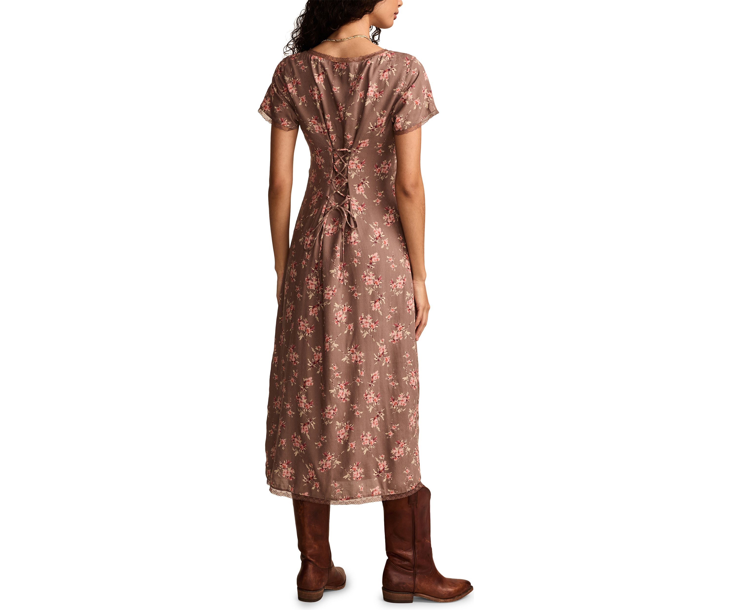 Womens Lace Trimmed Printed Midi Dress