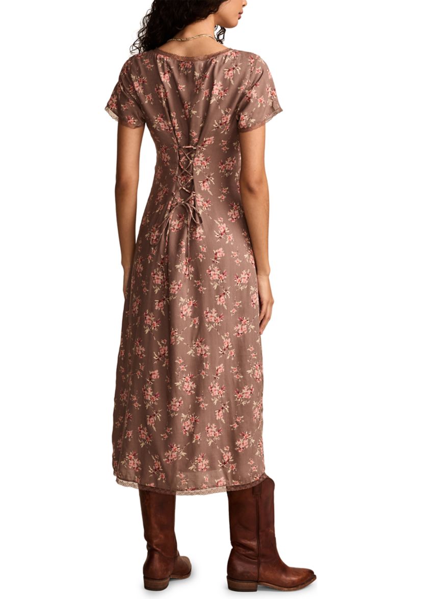 Womens Lace Trimmed Printed Midi Dress