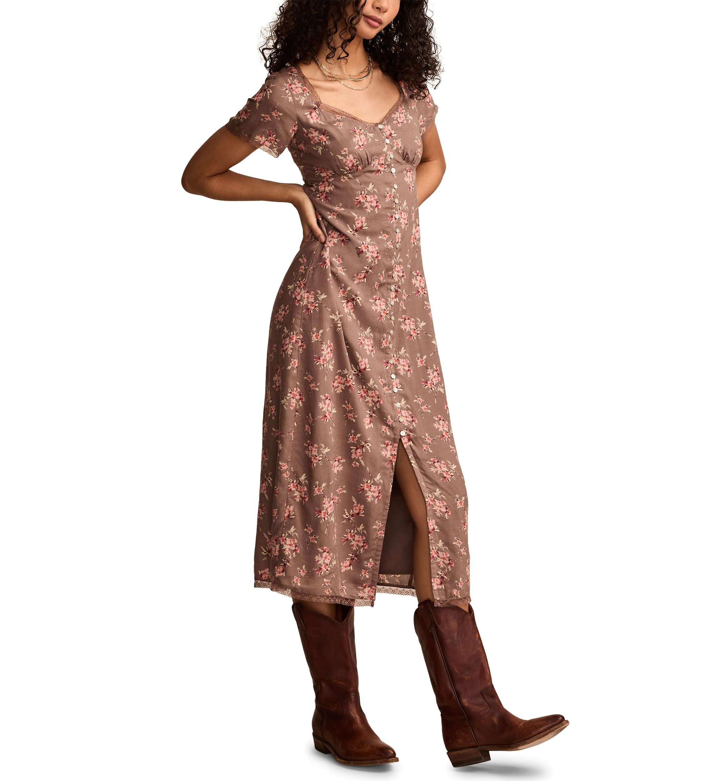 Womens Lace Trimmed Printed Midi Dress