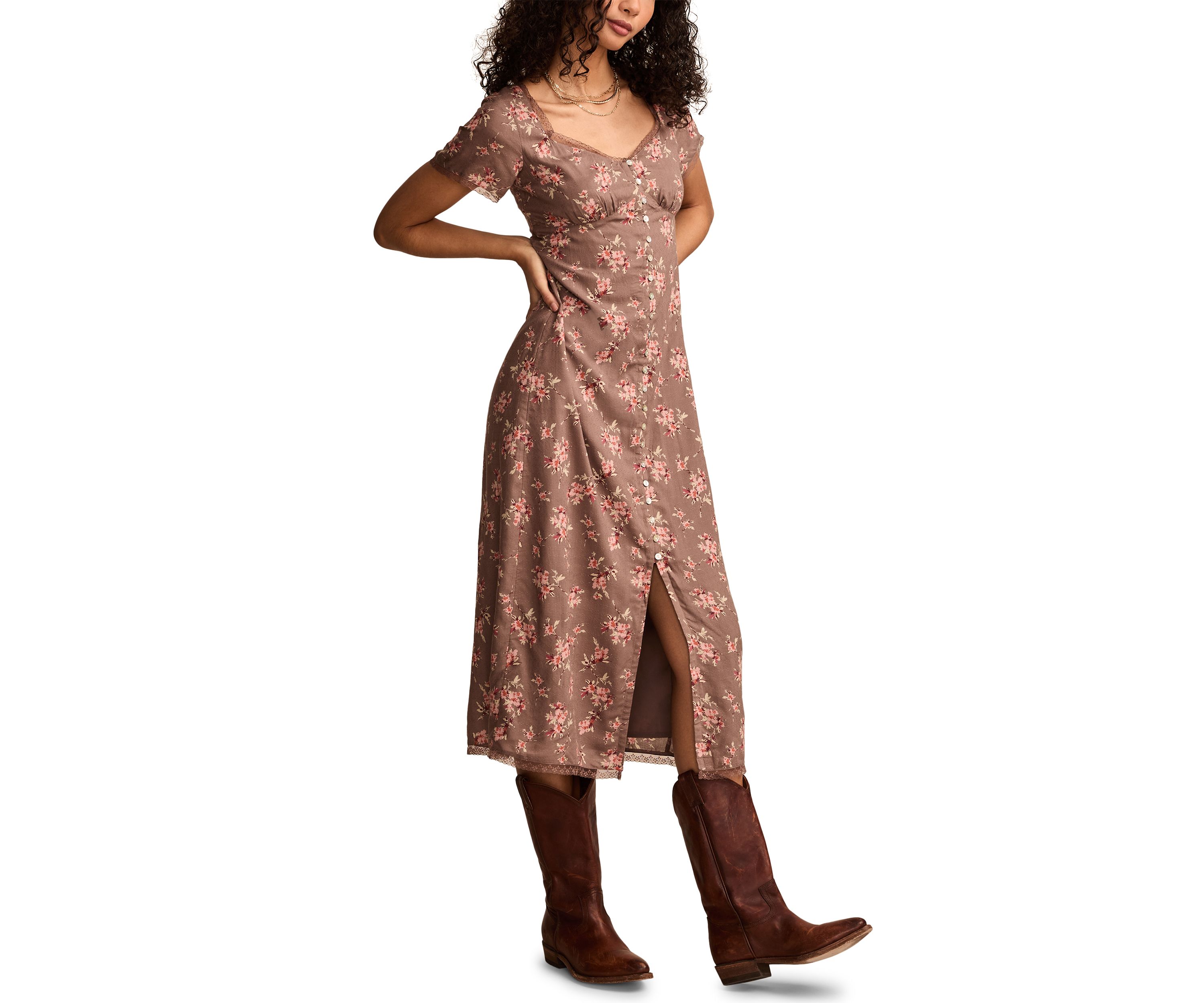 Womens Lace Trimmed Printed Midi Dress