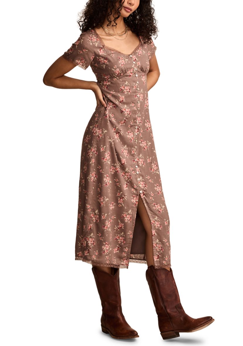 Womens Lace Trimmed Printed Midi Dress