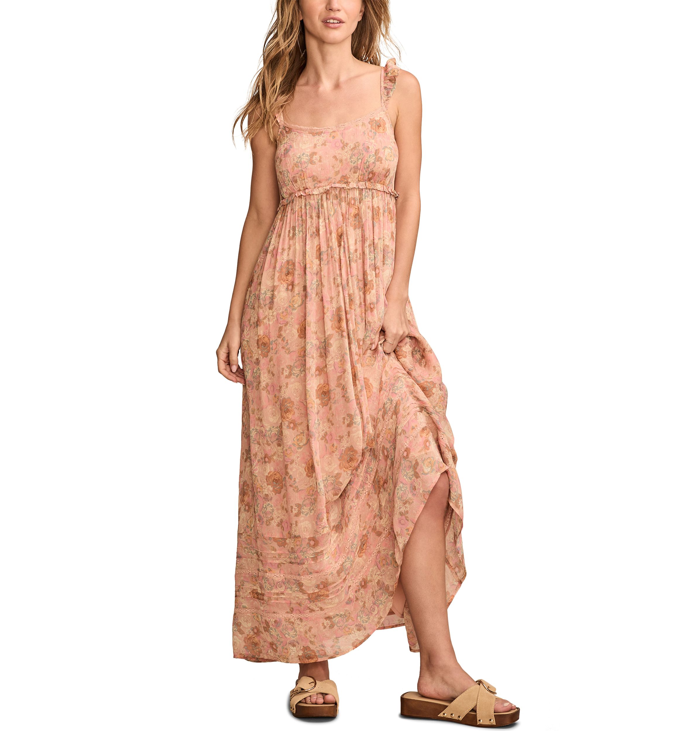 Womens Printed Ruffle Shoulder Midi Dress