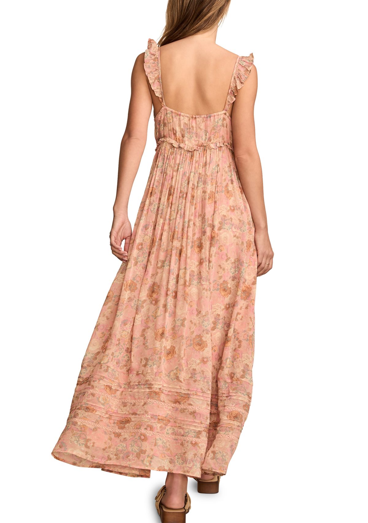 Womens Printed Ruffle Shoulder Midi Dress