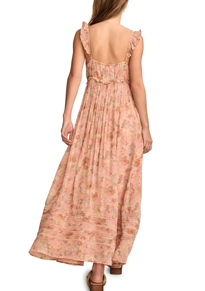 Womens Printed Ruffle Shoulder Midi Dress
