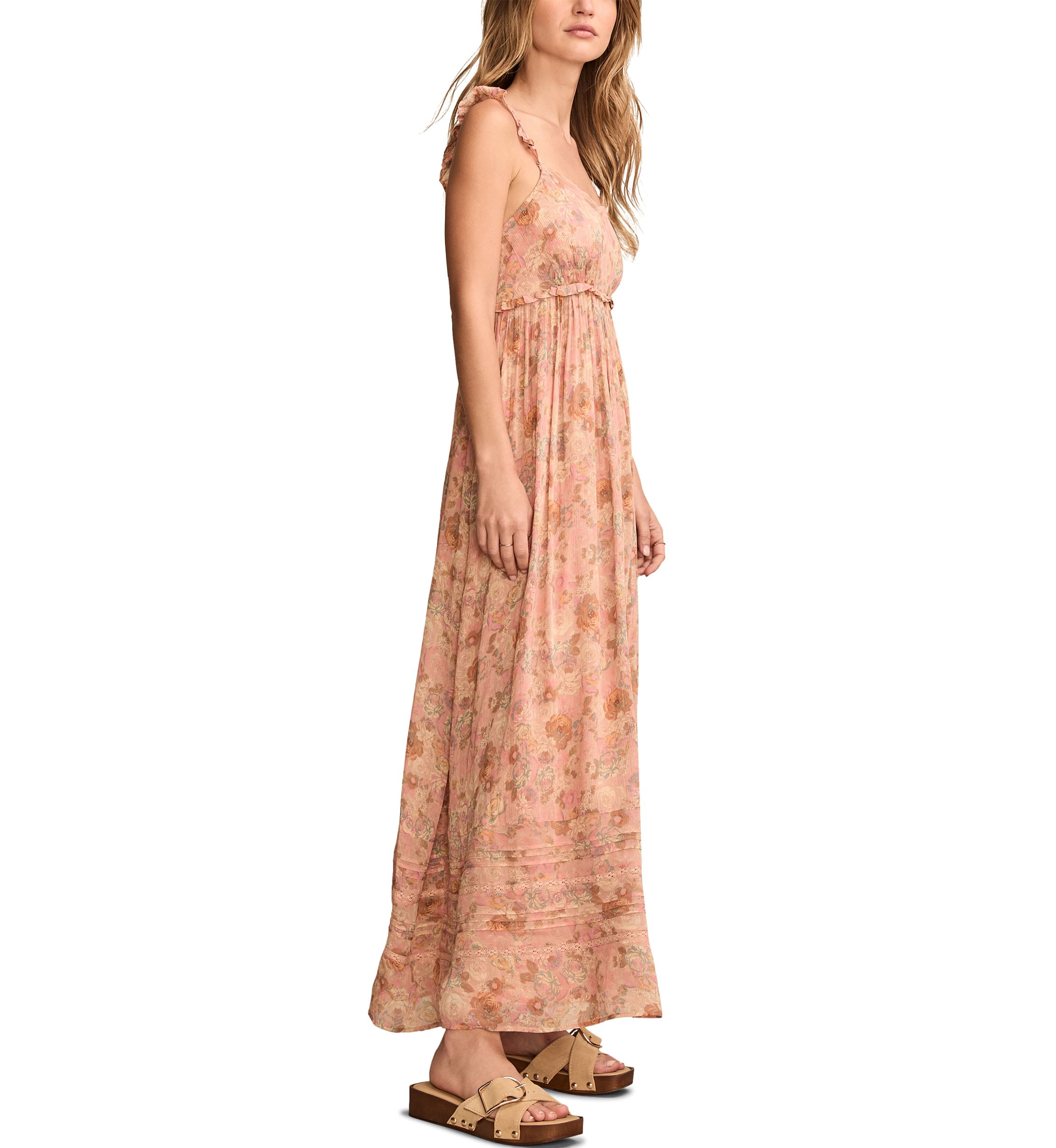 Womens Printed Ruffle Shoulder Midi Dress
