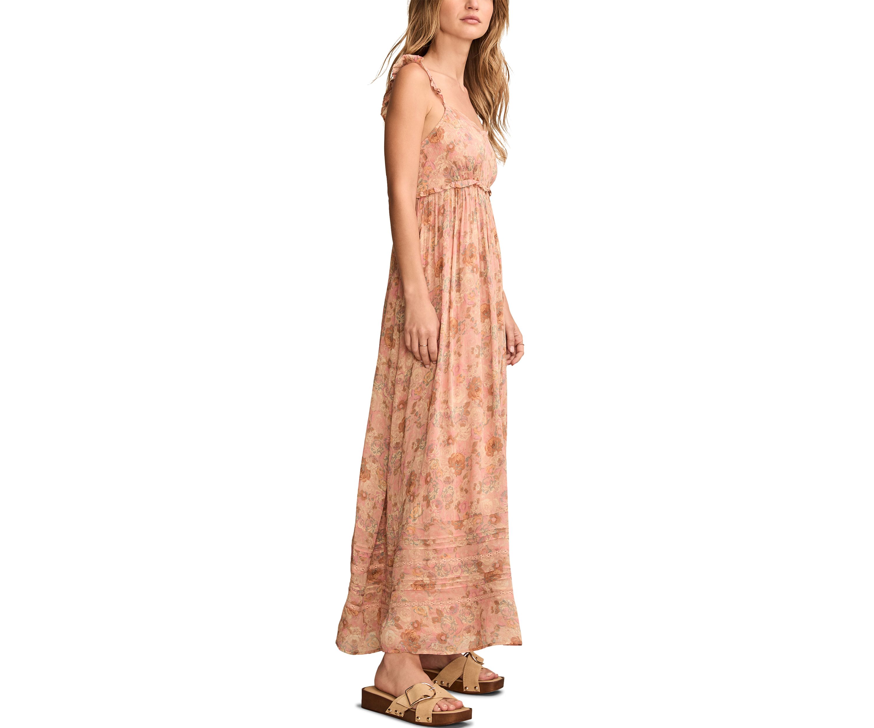 Womens Printed Ruffle Shoulder Midi Dress