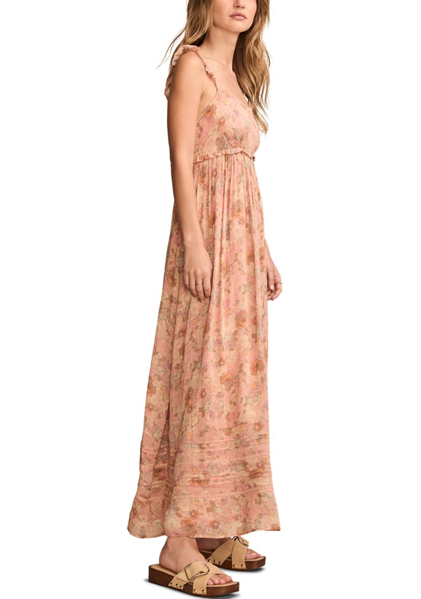 Womens Printed Ruffle Shoulder Midi Dress