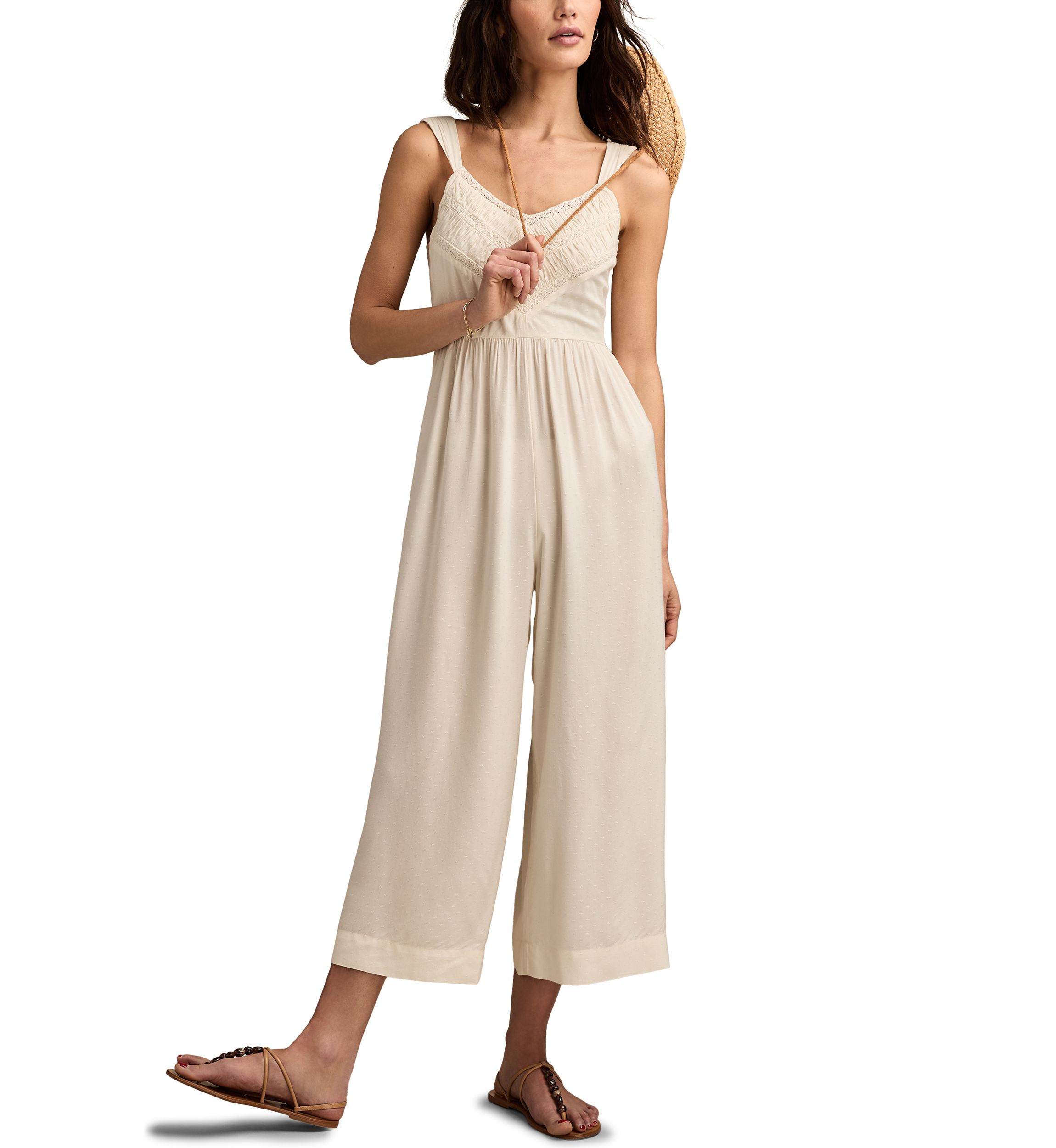Womens Ruched Lace Wide Leg Jumpsuit