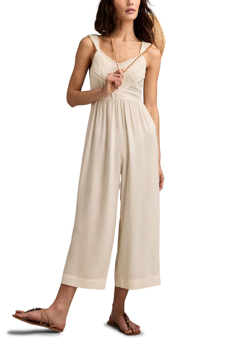 Womens Ruched Lace Wide Leg Jumpsuit