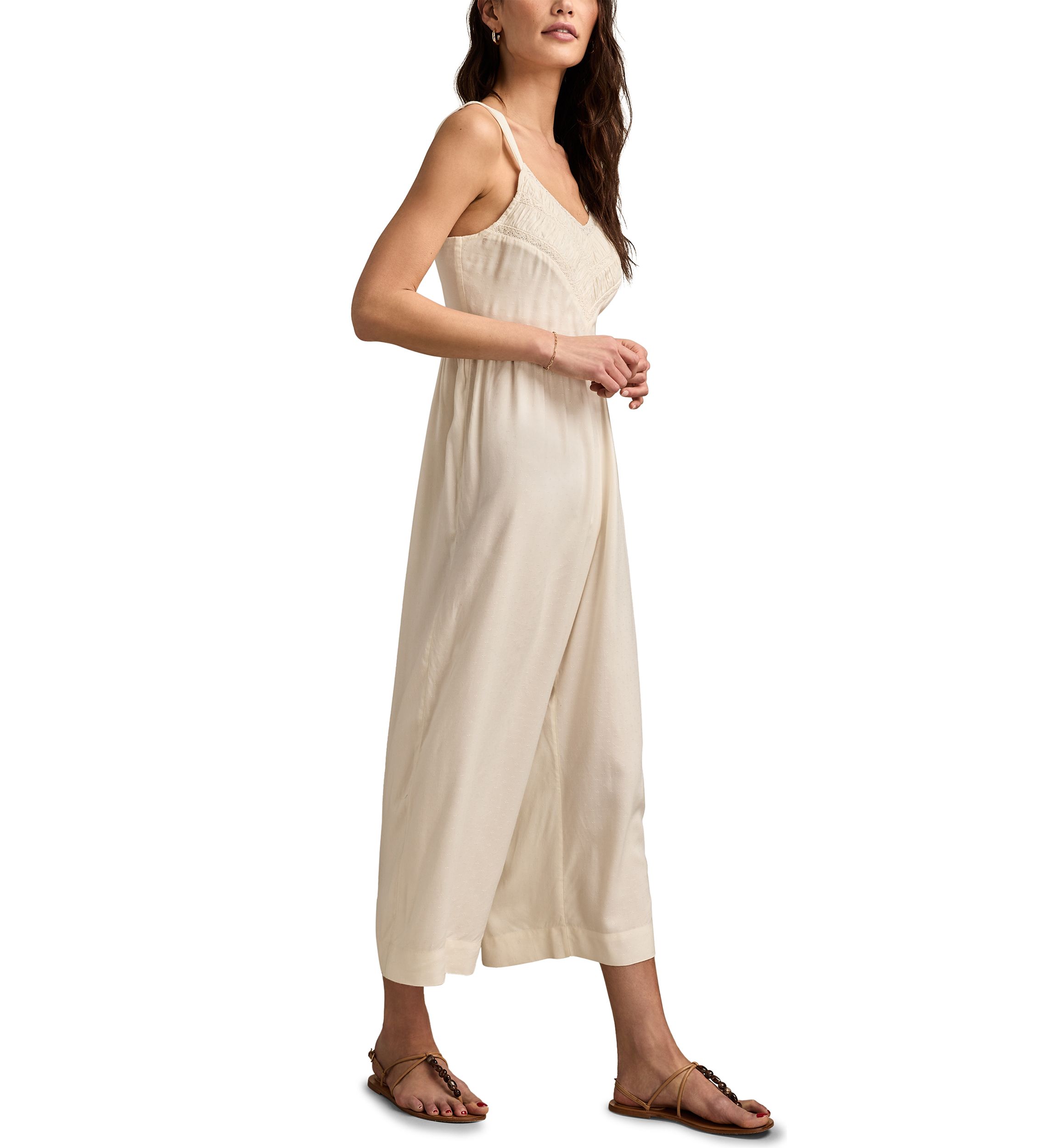 Womens Ruched Lace Wide Leg Jumpsuit