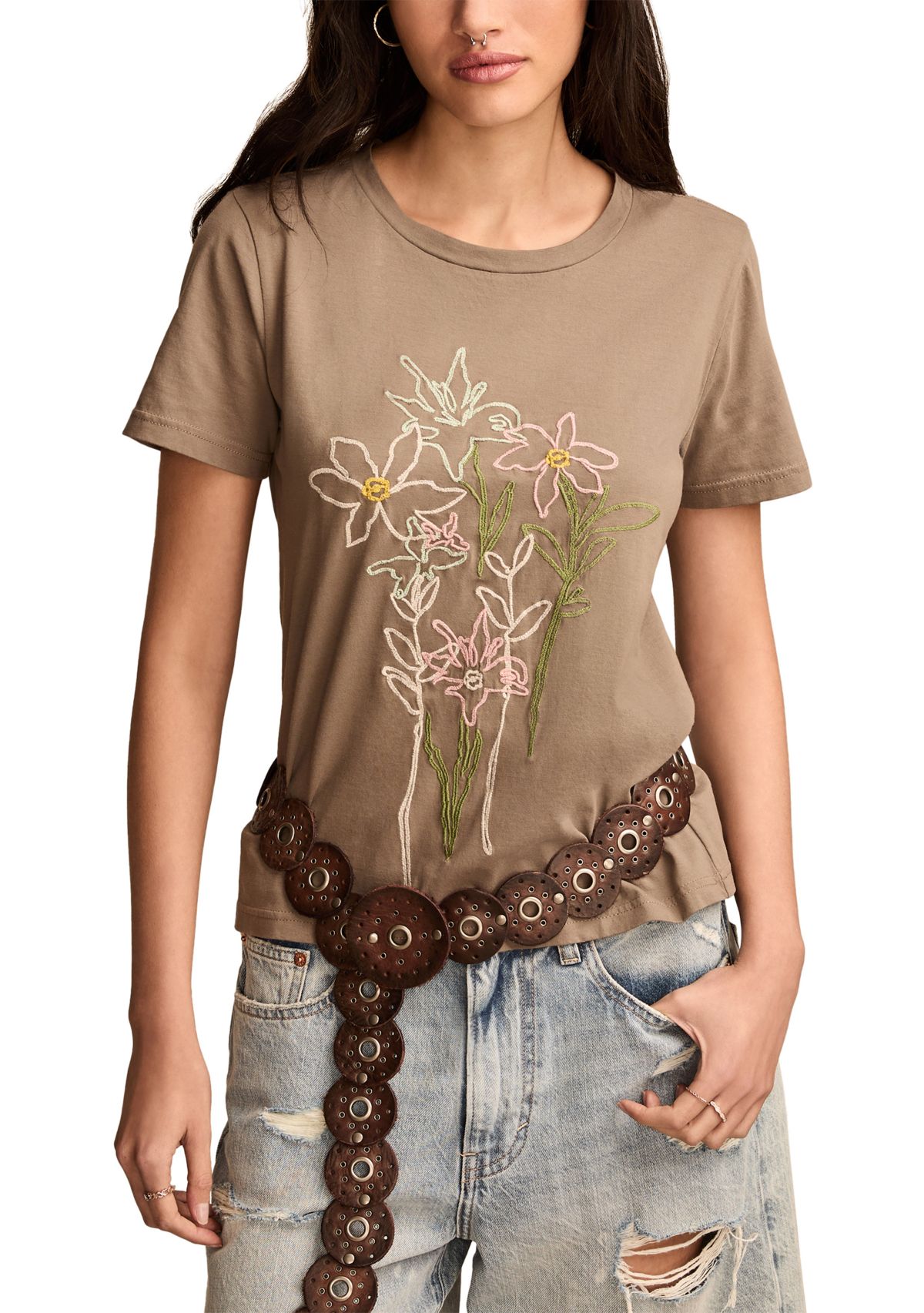Embroidered Floral Classic Crew Neck T-Shirt