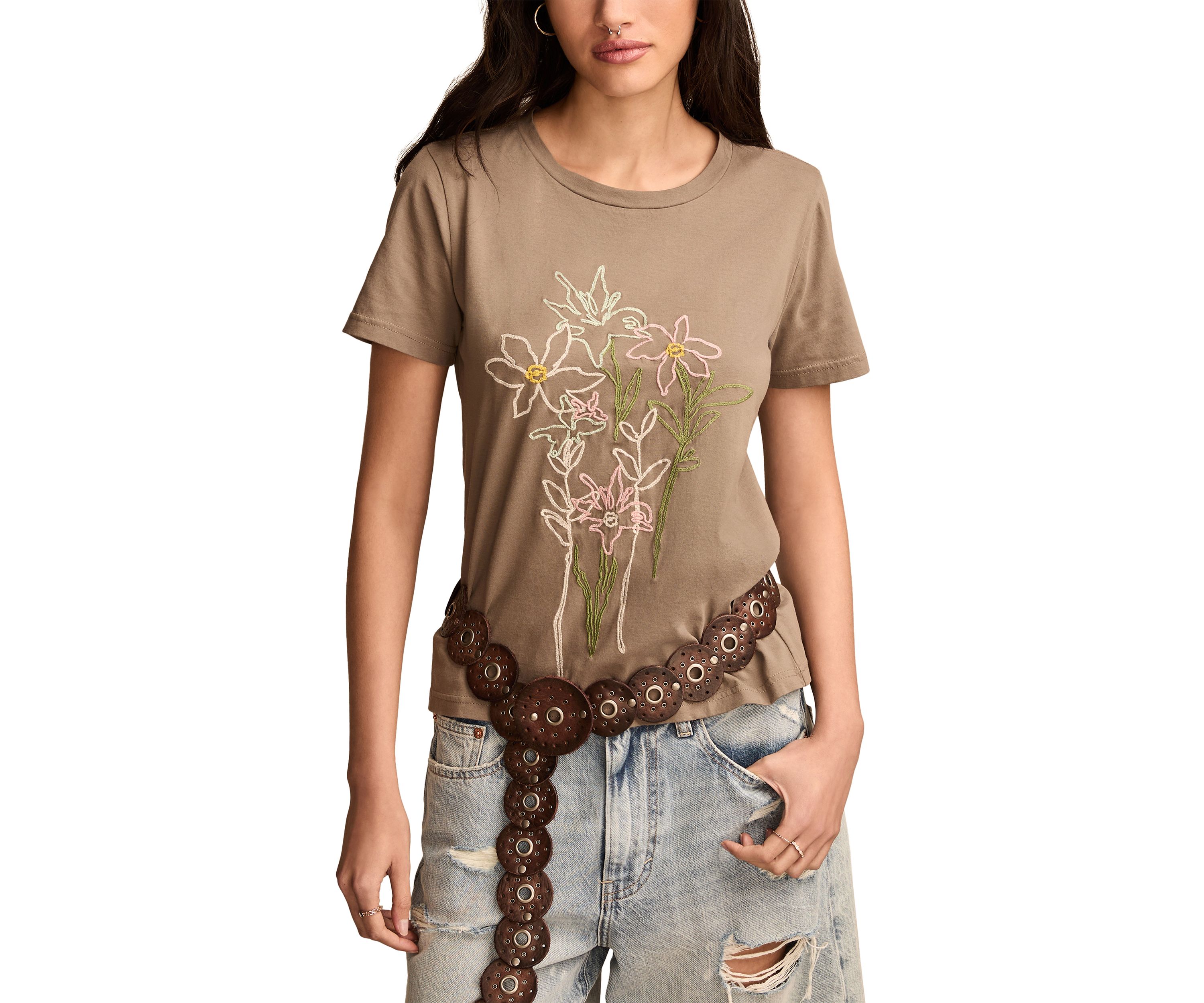 Embroidered Floral Classic Crew Neck T-Shirt