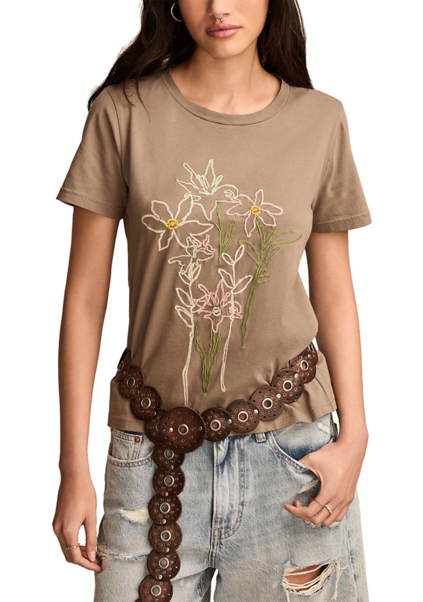 Embroidered Floral Classic Crew Neck T-Shirt