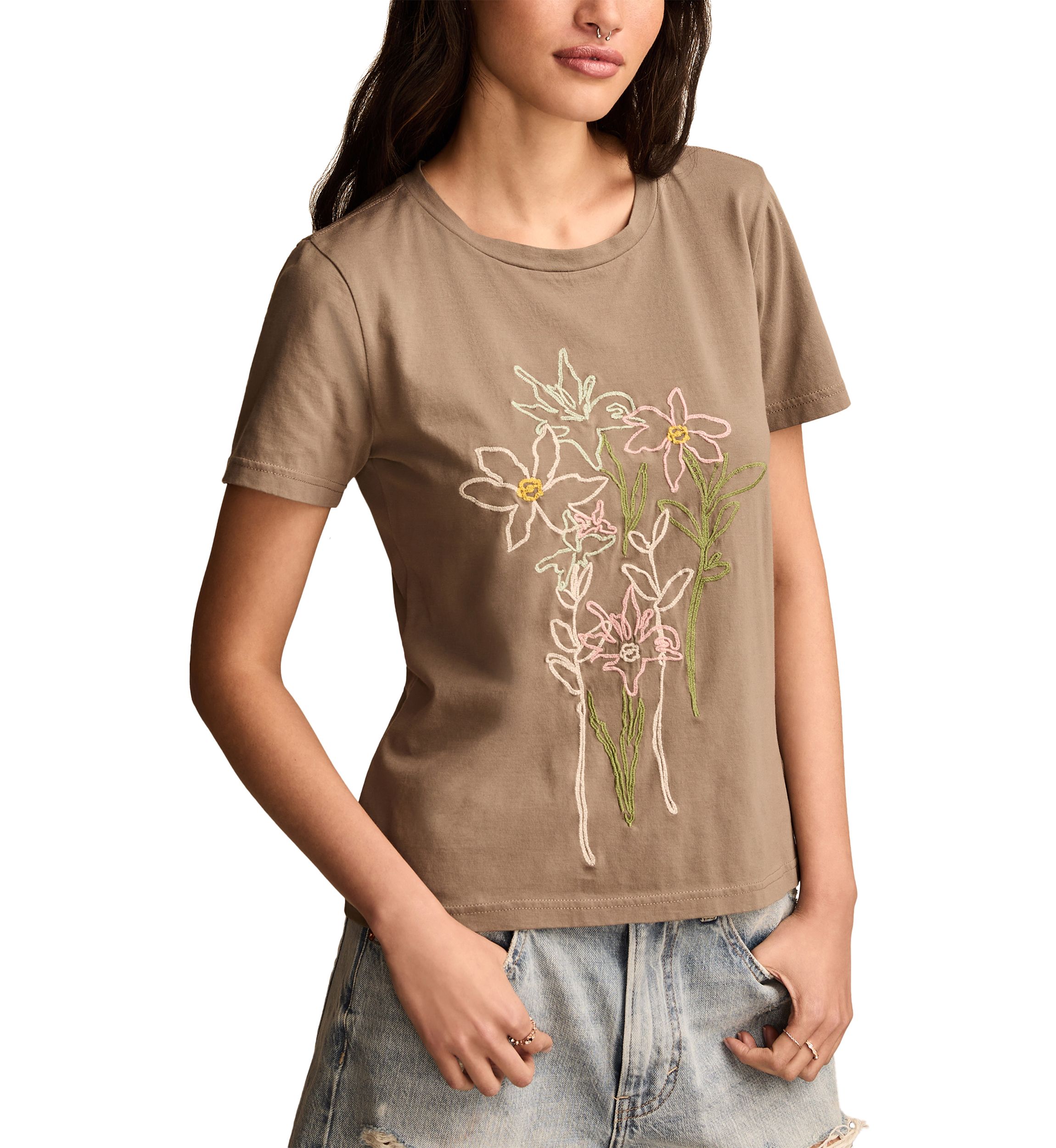 Embroidered Floral Classic Crew Neck T-Shirt