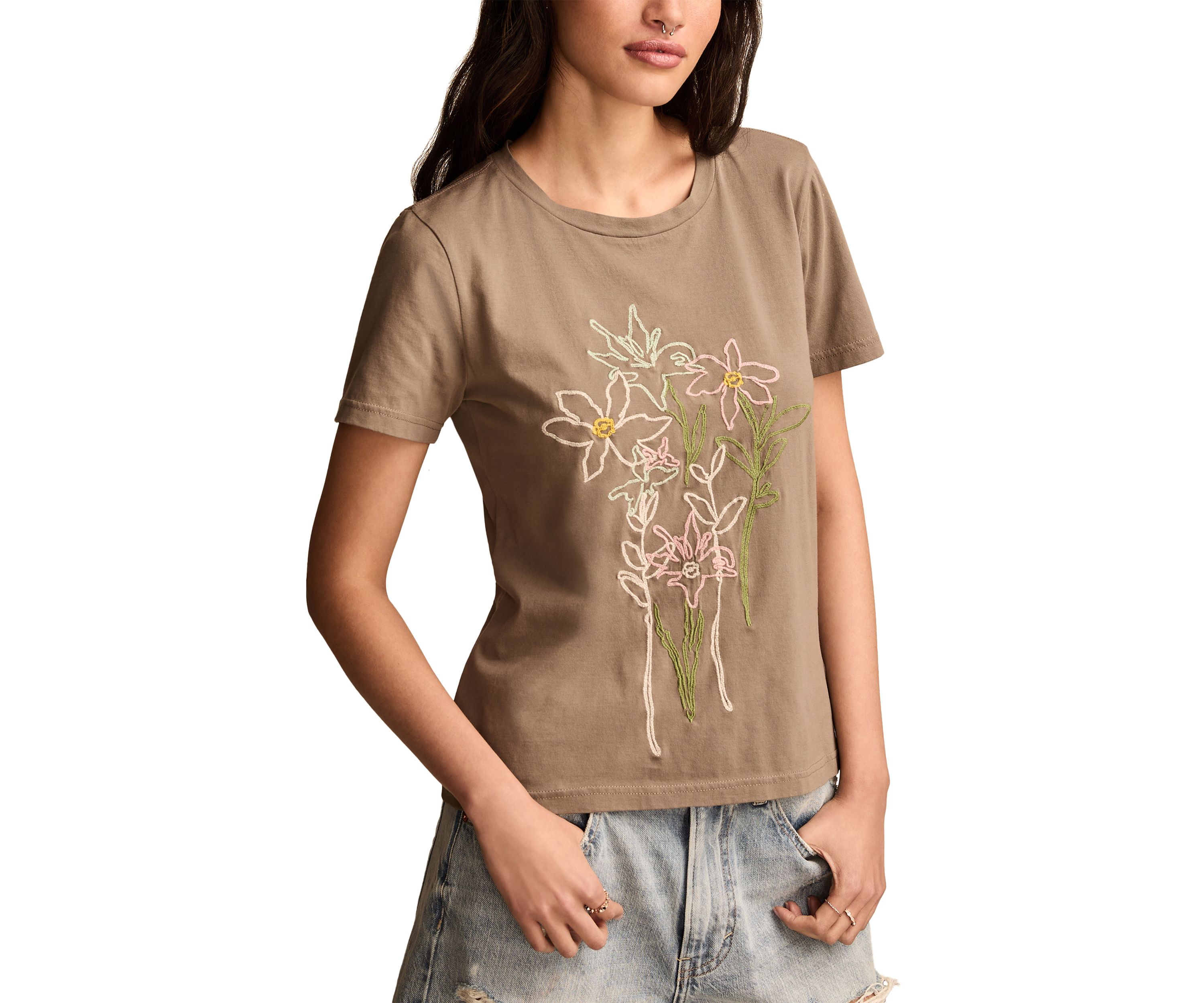 Embroidered Floral Classic Crew Neck T-Shirt