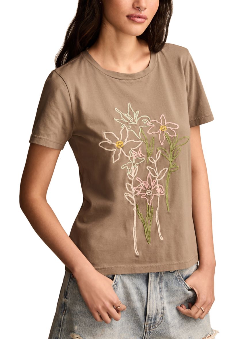 Embroidered Floral Classic Crew Neck T-Shirt