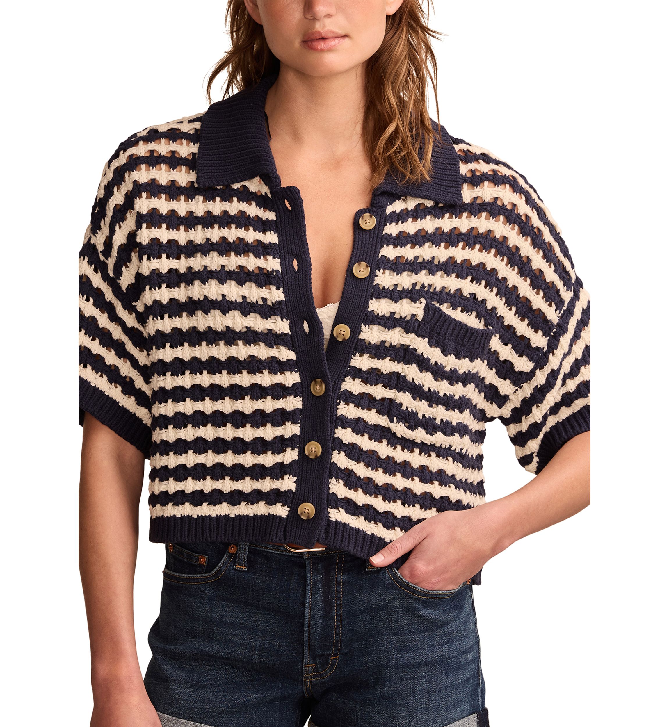 Short Sleeve Pointelle Polo Button Down Blouse