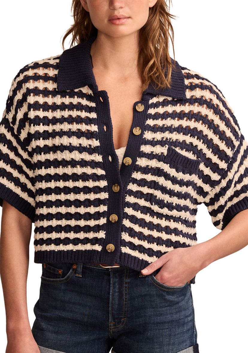 Short Sleeve Pointelle Polo Button Down Blouse