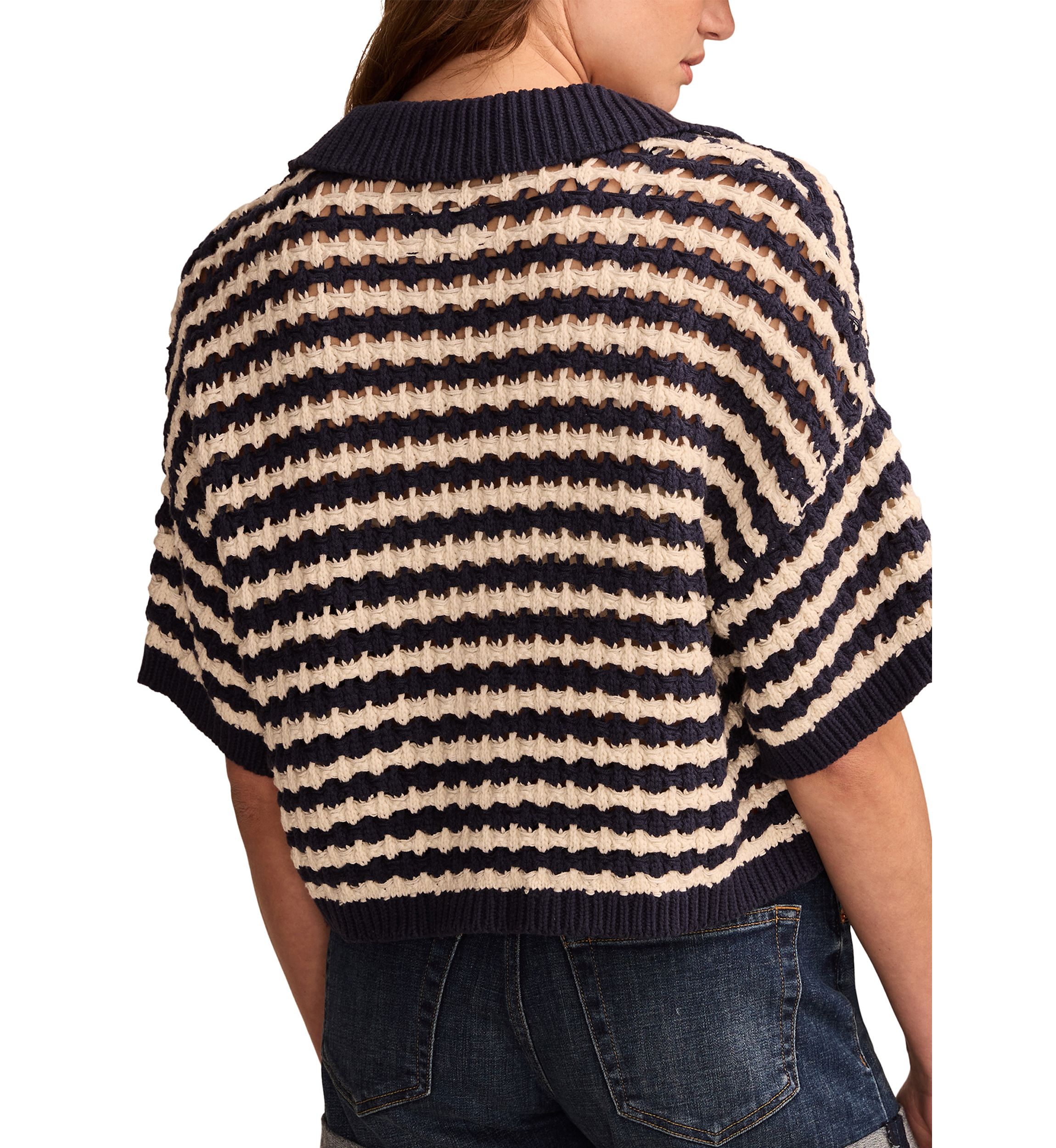 Short Sleeve Pointelle Polo Button Down Blouse
