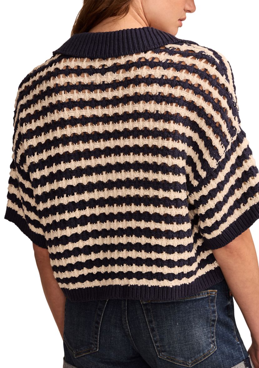 Short Sleeve Pointelle Polo Button Down Blouse