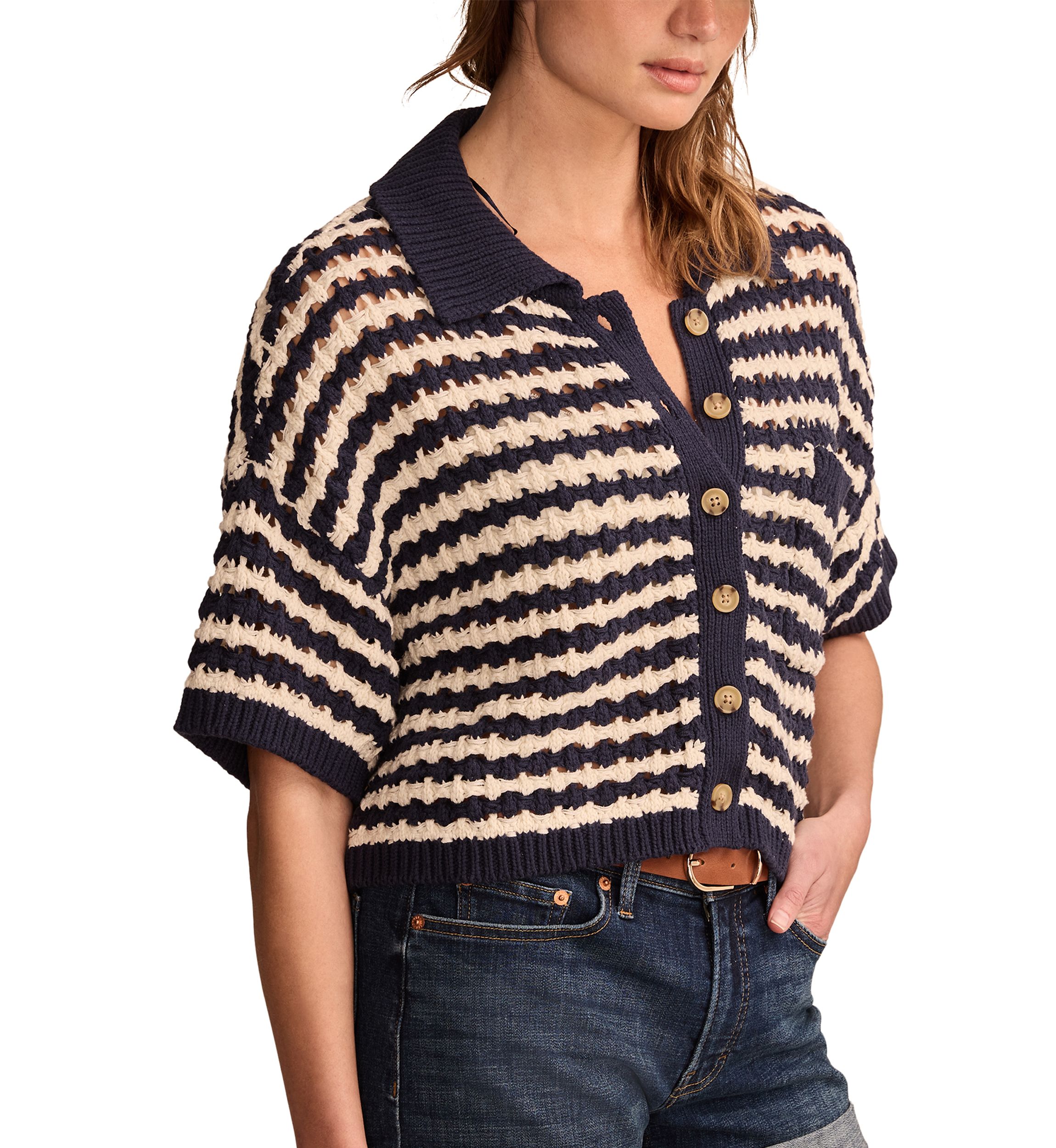Short Sleeve Pointelle Polo Button Down Blouse