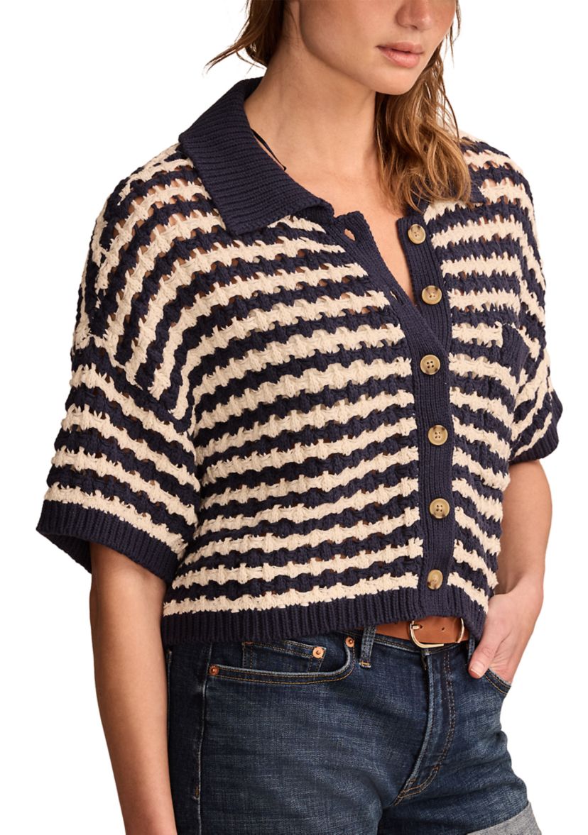 Short Sleeve Pointelle Polo Button Down Blouse