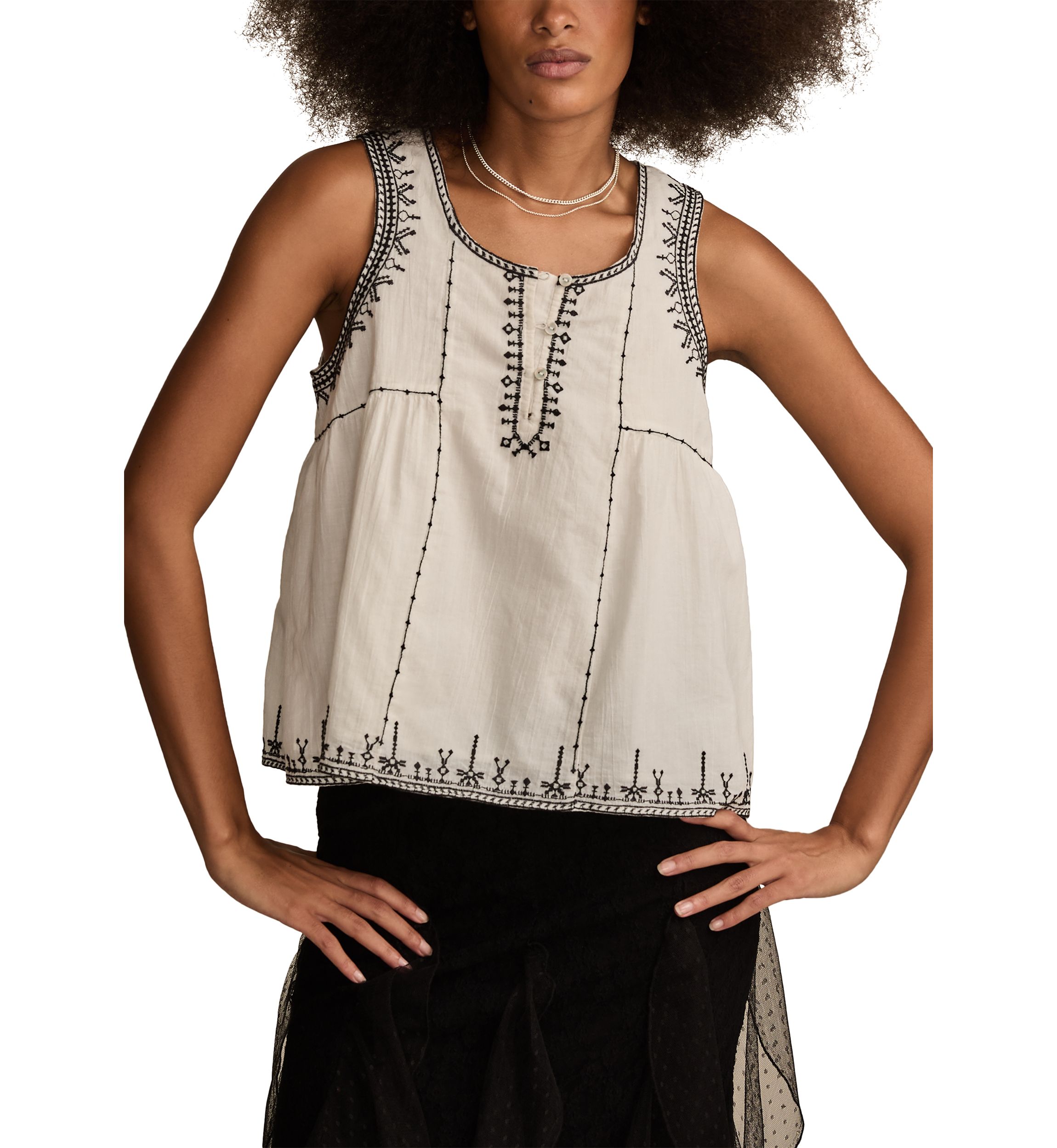 Embroidered Henley Racer Tank Top