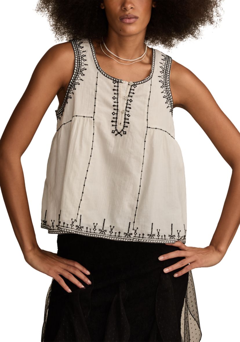 Embroidered Henley Racer Tank Top