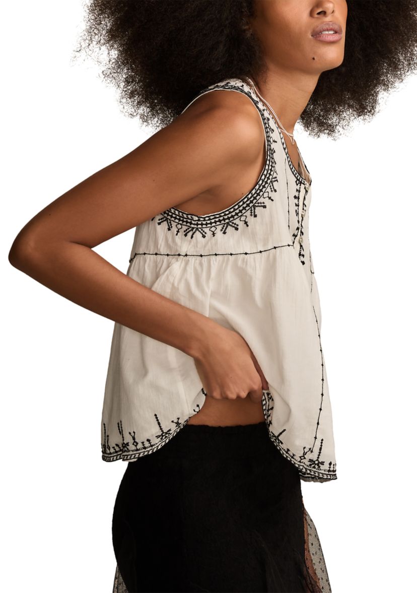 Embroidered Henley Racer Tank Top