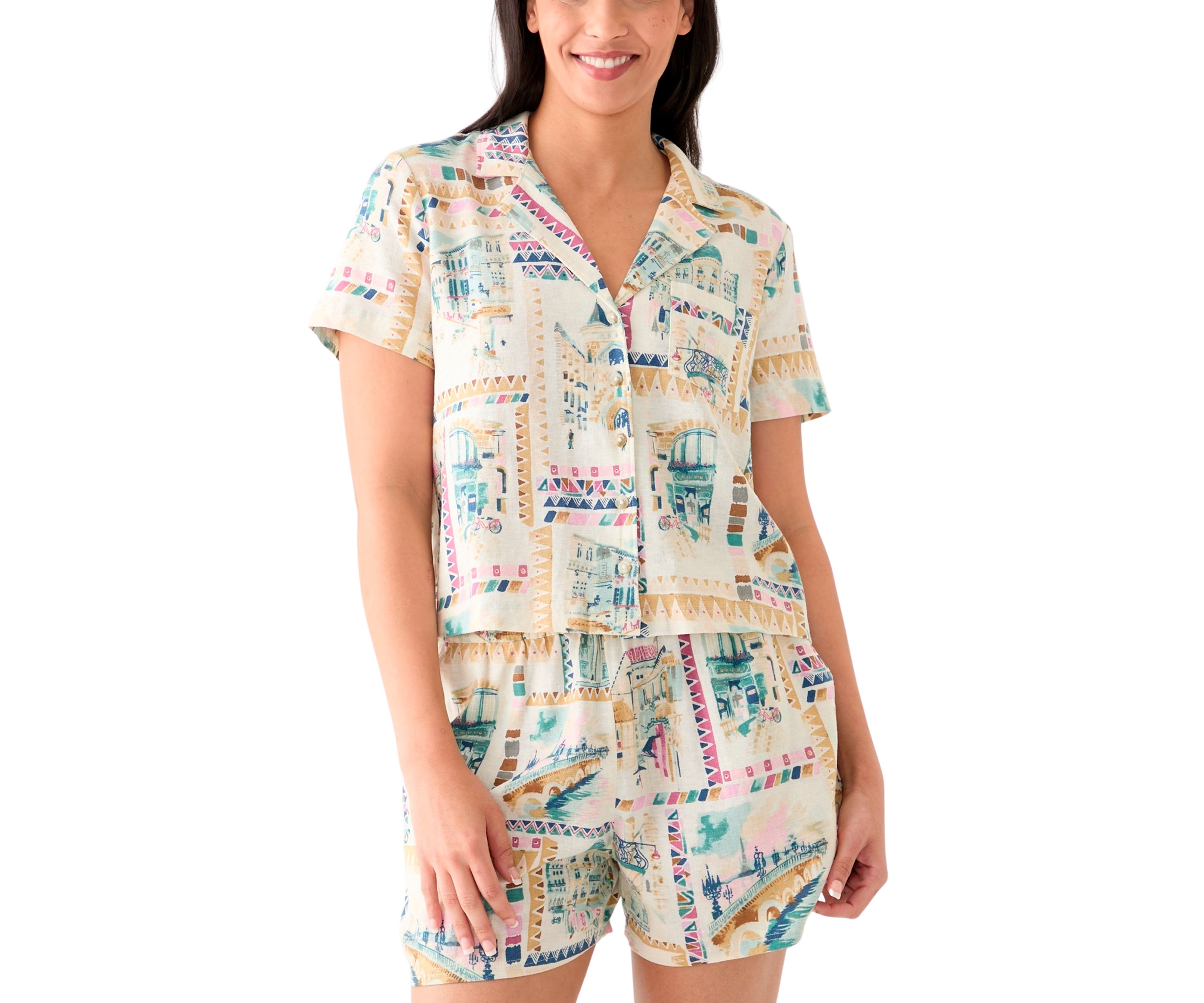 Womens Printed Linen Camp Shirt 