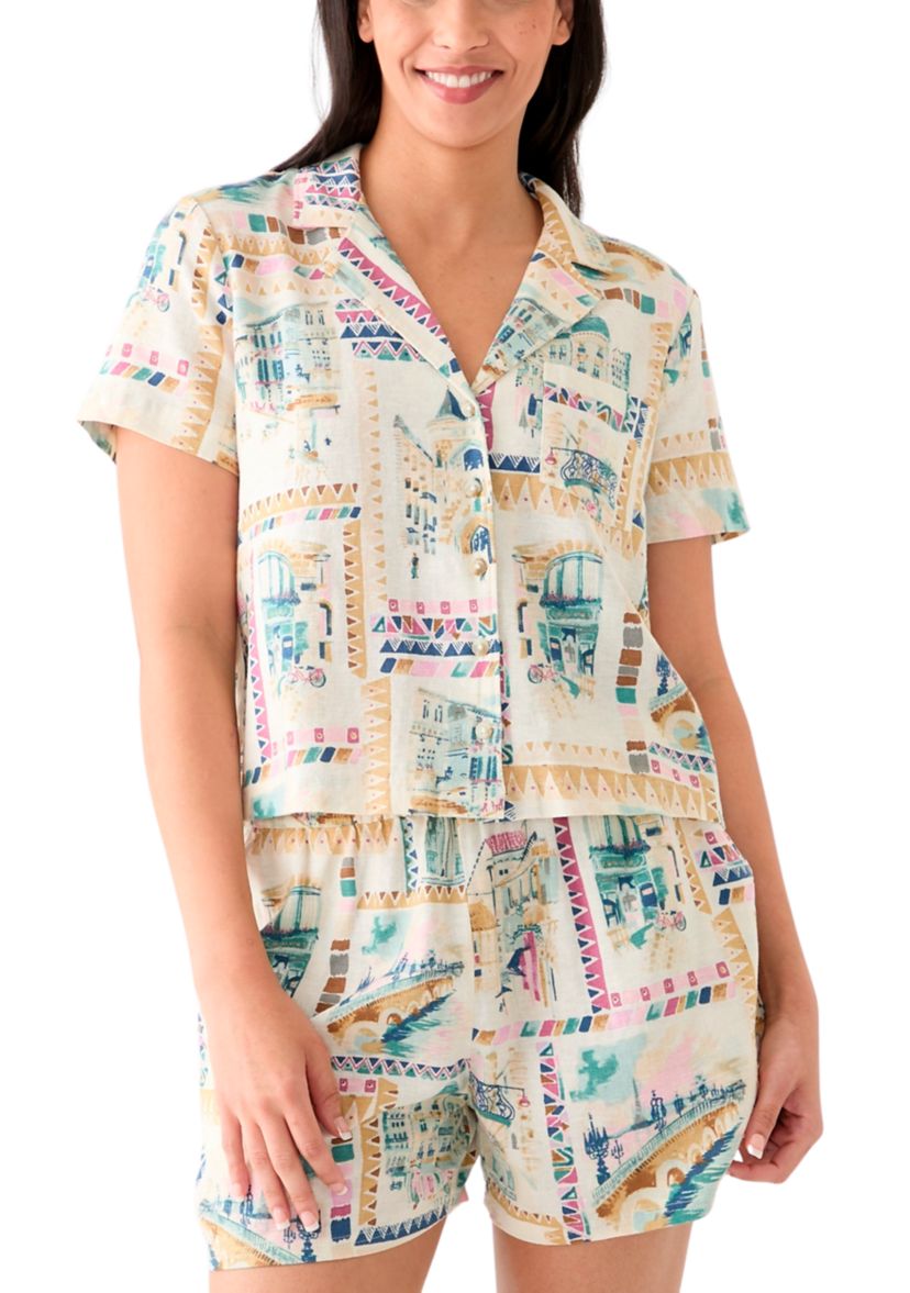 Womens Printed Linen Camp Shirt 