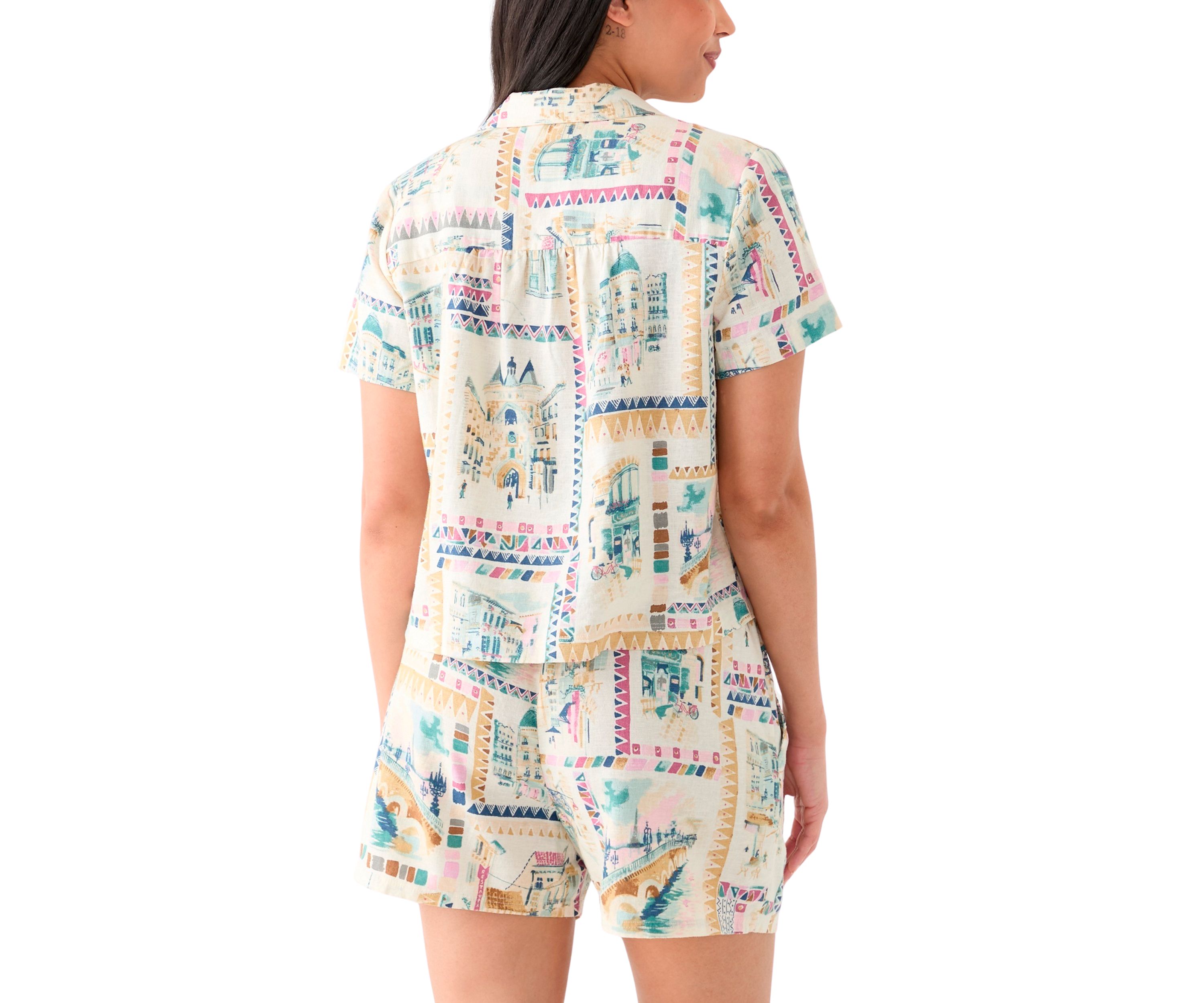 Womens Printed Linen Camp Shirt 