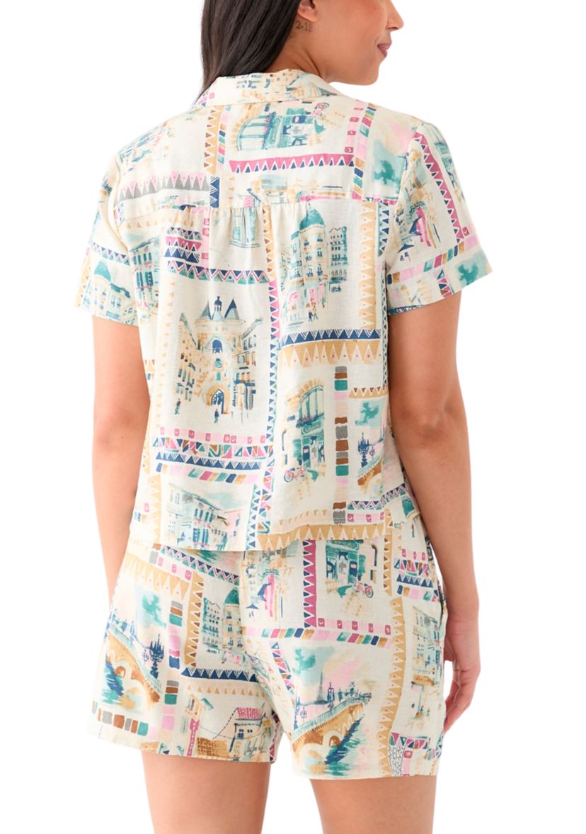 Womens Printed Linen Camp Shirt 