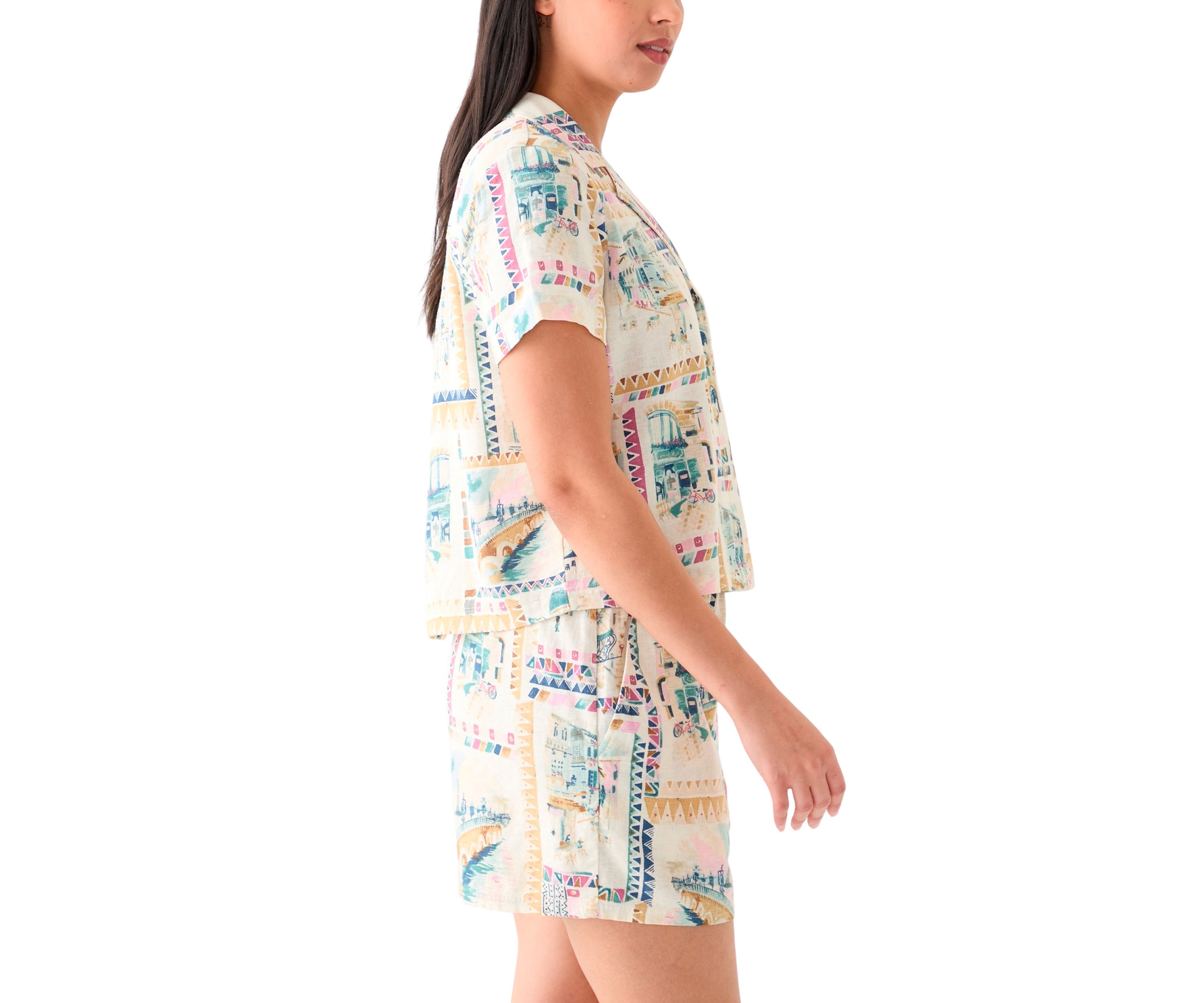 Womens Printed Linen Camp Shirt 