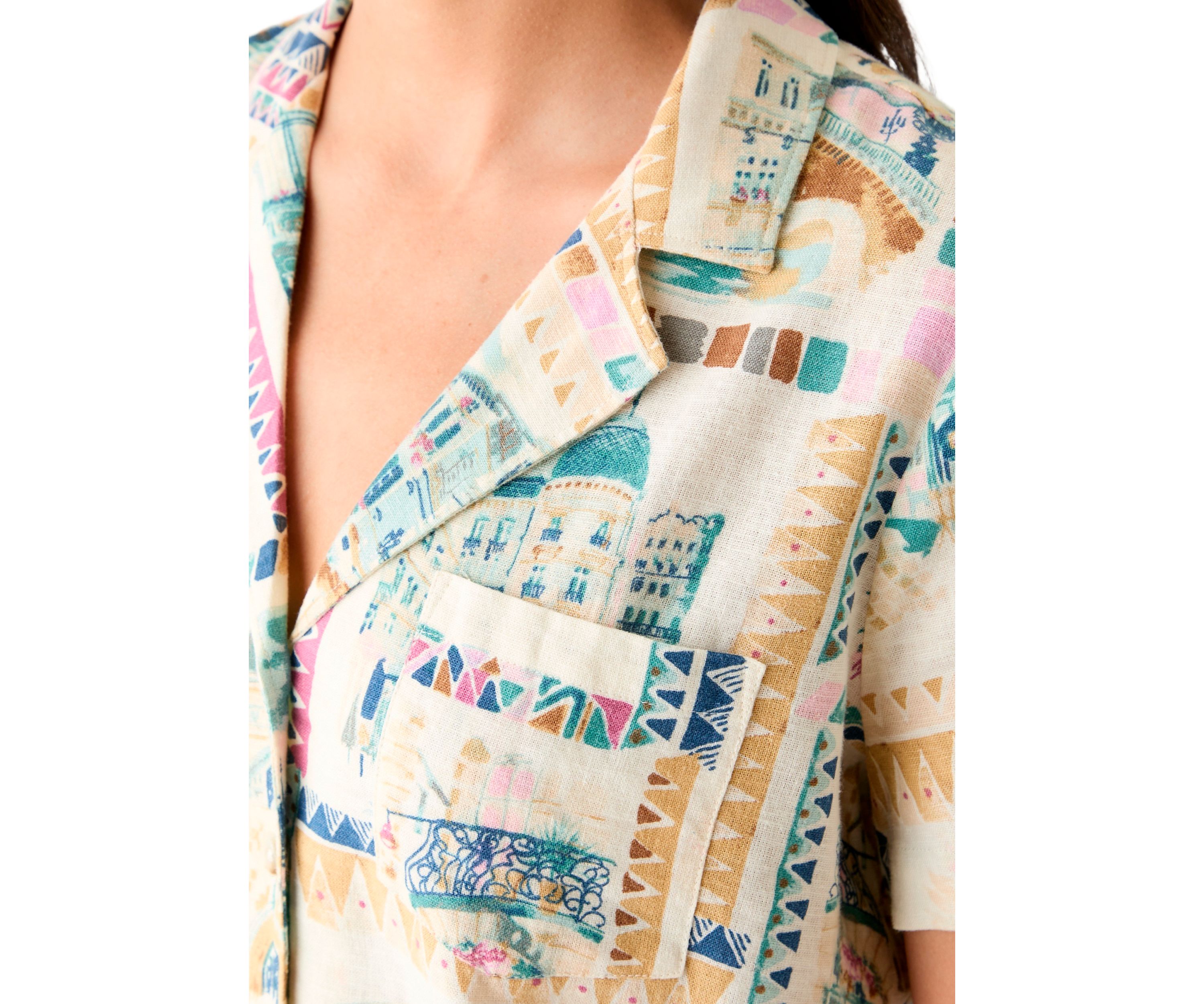 Womens Printed Linen Camp Shirt 