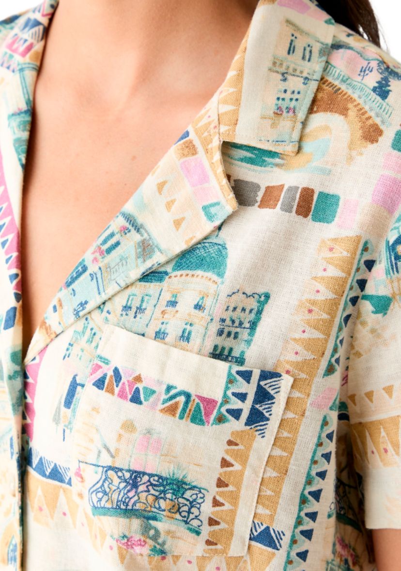 Womens Printed Linen Camp Shirt 