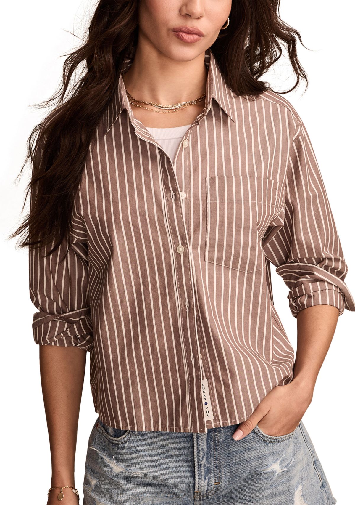 Womens Poplin Cropped Button Down Shirt 