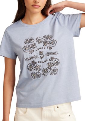 Lucky Brand Women's Floral Embroidered Graphic T-Shirt, Blue, Small