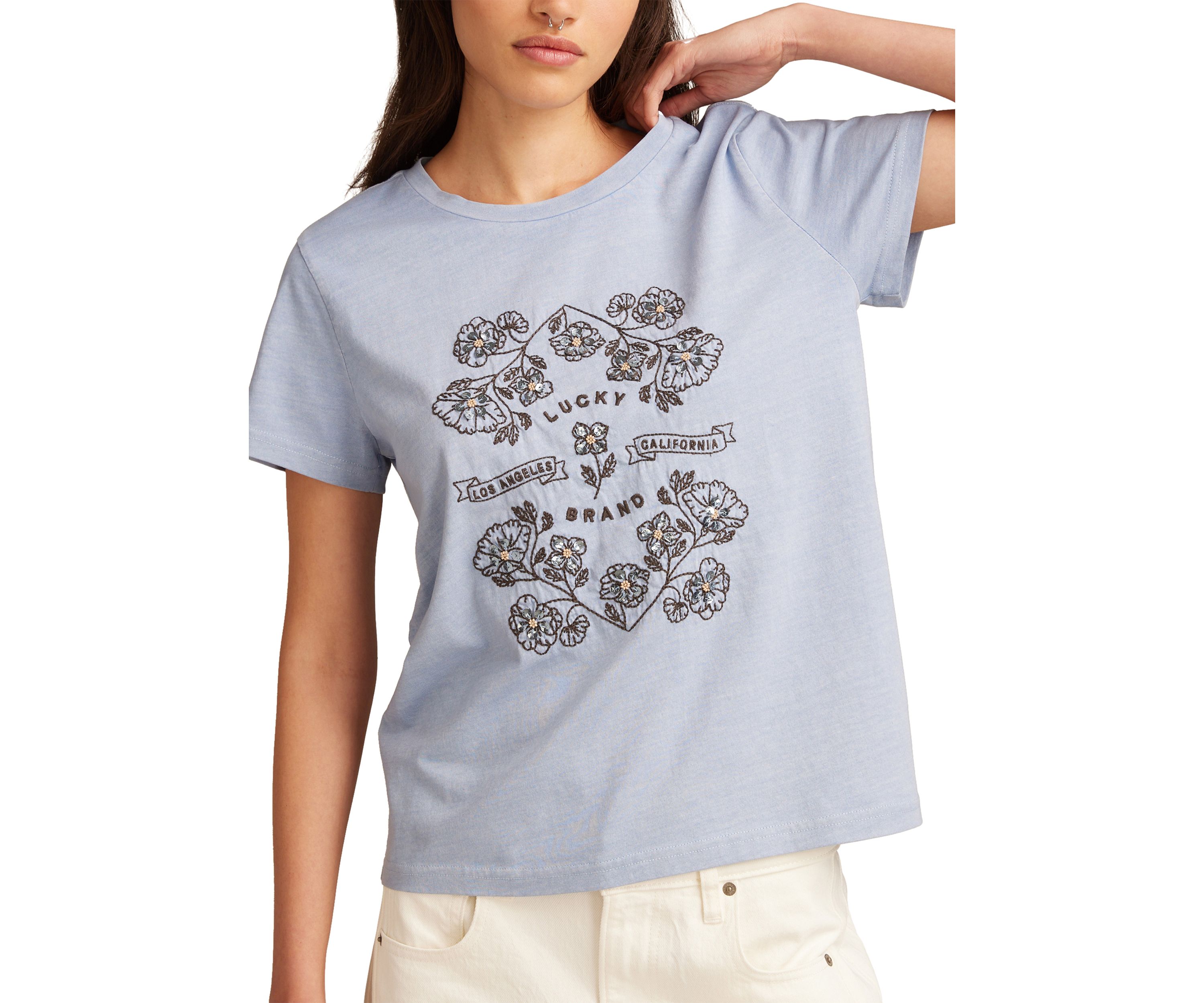 Womens Floral Embroidered Graphic T-Shirt