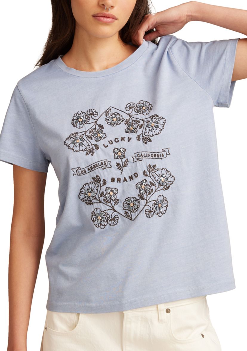 Womens Floral Embroidered Graphic T-Shirt